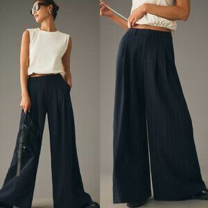 Anthropologie by Maeve The Avery Pleated Wide-Leg Trousers Pinstripe Navy White